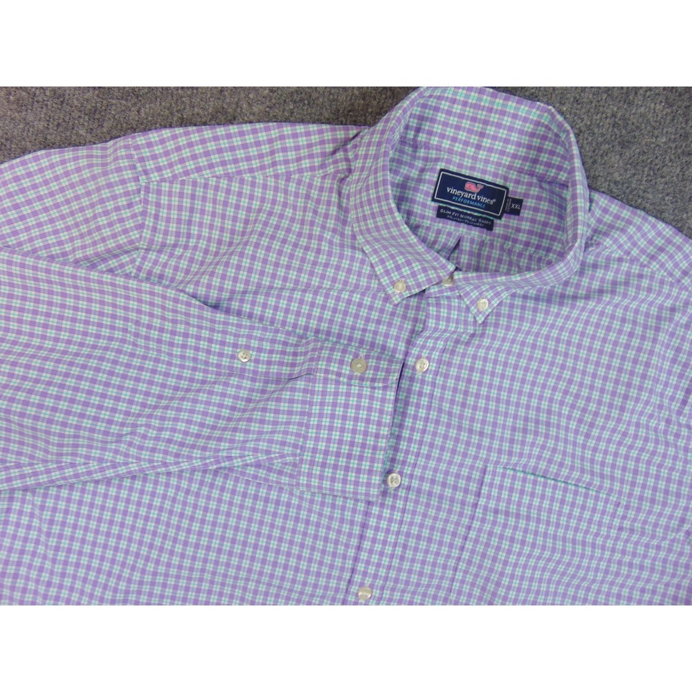 Vineyard Vines Shirt Mens 2XL Slim Fit Murray Purple Green Plaid Performance